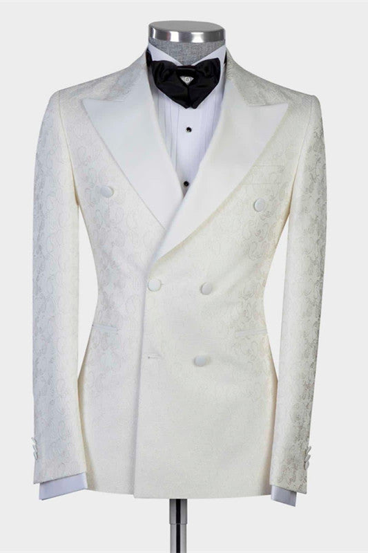 White Jacquard Double Breasted Peaked Lapel Wedding Suit for Men-showprettydress