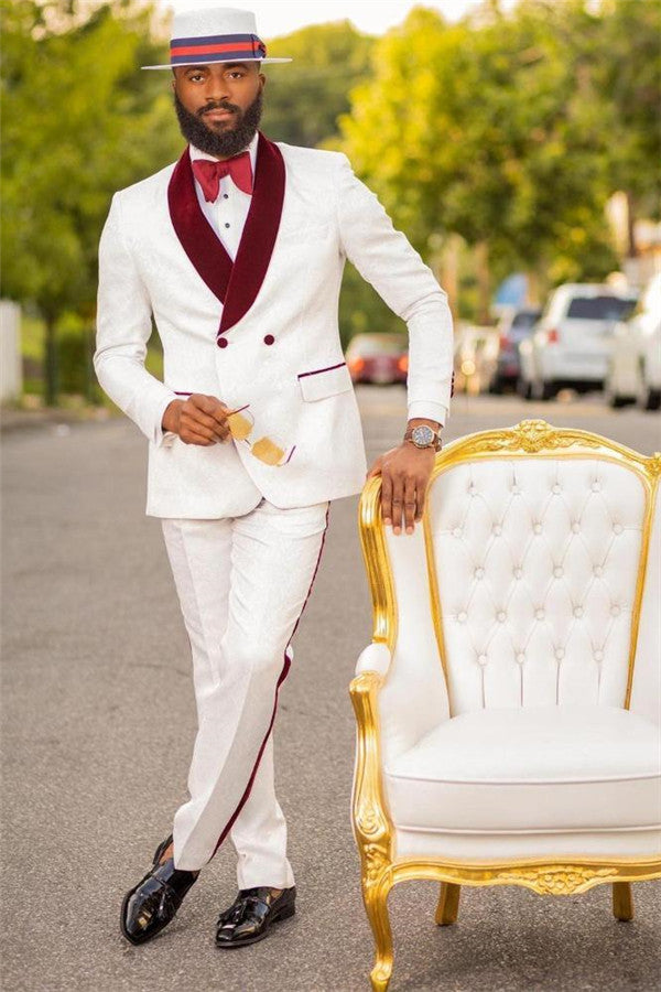 White Jacquard Double Breasted Wedding Suit with Burgundy Lapel-showprettydress