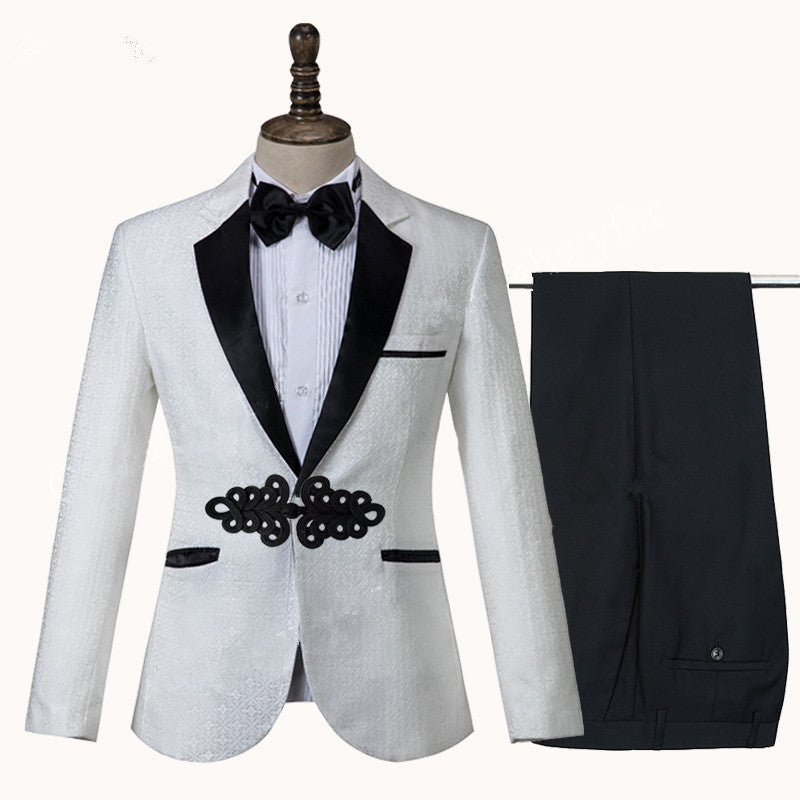 White Jacquard Knitted Button Fashion Wedding Suit-showprettydress