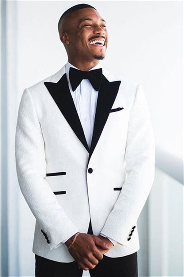 White Jacquard Peaked Lapel Wedding Groom Suit-showprettydress