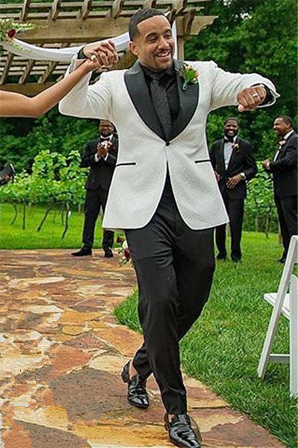 White Jacquard Shawl Lapel One Button Wedding Mens Suit-showprettydress