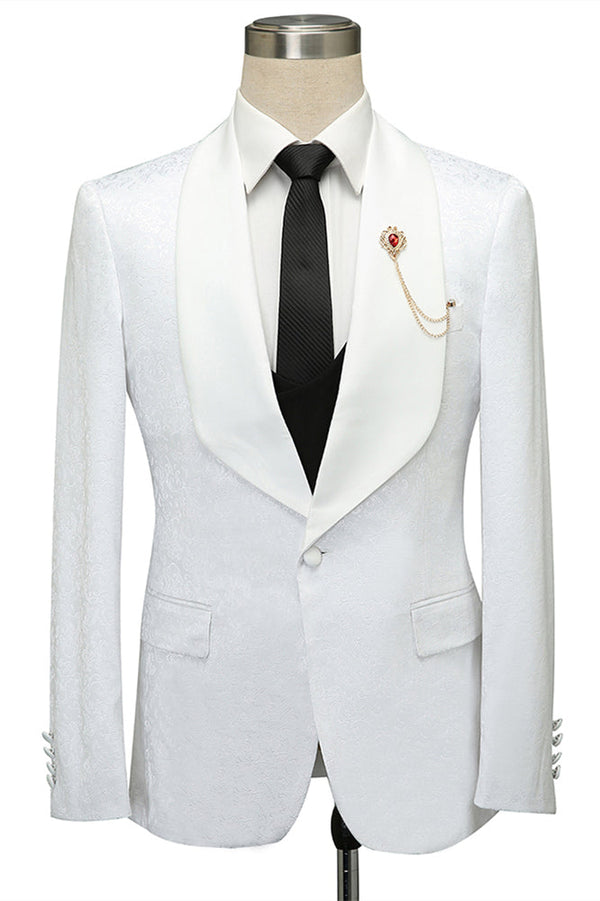 White Jacquard Slim Fit Shawl Lapel Wedding Suits-showprettydress