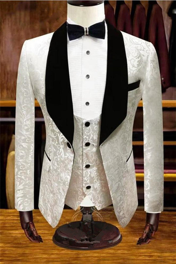 White Jacquard Wedding Tuxedos Men Suits for Groom Three-pieces-showprettydress