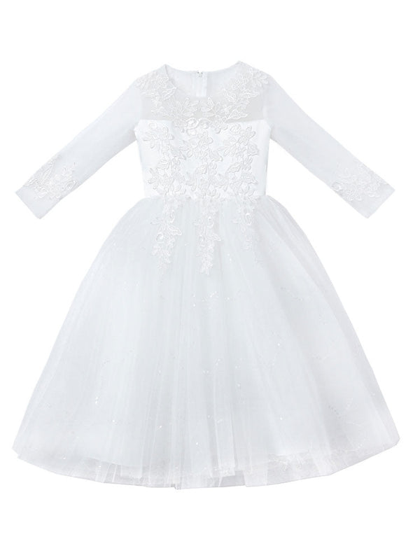 White Jewel Neck 3/4 Length Sleeves Tulle Polyester Cotton Flowers Formal Kids Pageant flower girl dresses-showprettydress