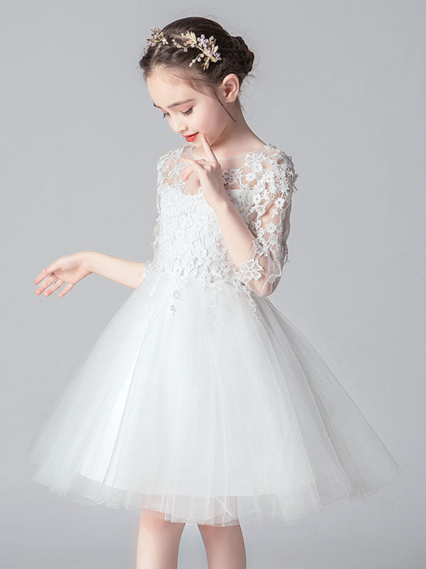 White Jewel Neck Cut Out Formal Kids Pageant flower girl dresses-showprettydress