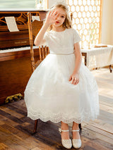 White Jewel Neck Lace Short Sleeves Tea-Length A-Line Lace flower girl dresses-showprettydress