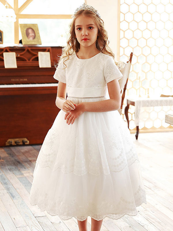 White Jewel Neck Lace Short Sleeves Tea-Length A-Line Lace flower girl dresses-showprettydress