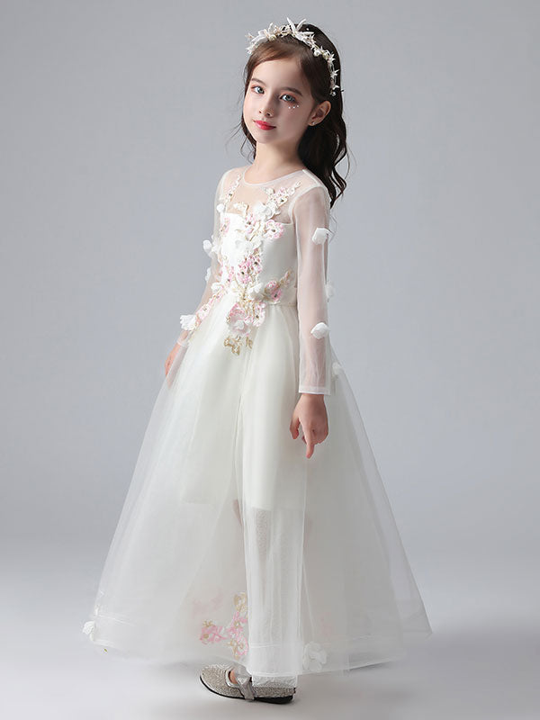 White Jewel Neck Long Sleeves Ankle-Length Princess Dress Tulle Flowers Beaded Embroidered Formal Kids Pageant flower girl dresses-showprettydress
