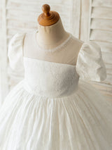 White Jewel Neck Short Sleeves Beaded Formal Kids Pageant flower girl dresses-showprettydress