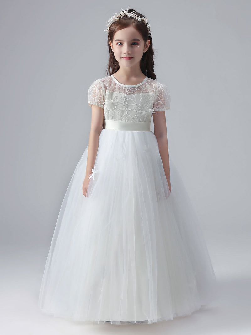 White Jewel Neck Short Sleeves Flowers Embellishment Tulle Lace Kids Social Party Dresses-showprettydress
