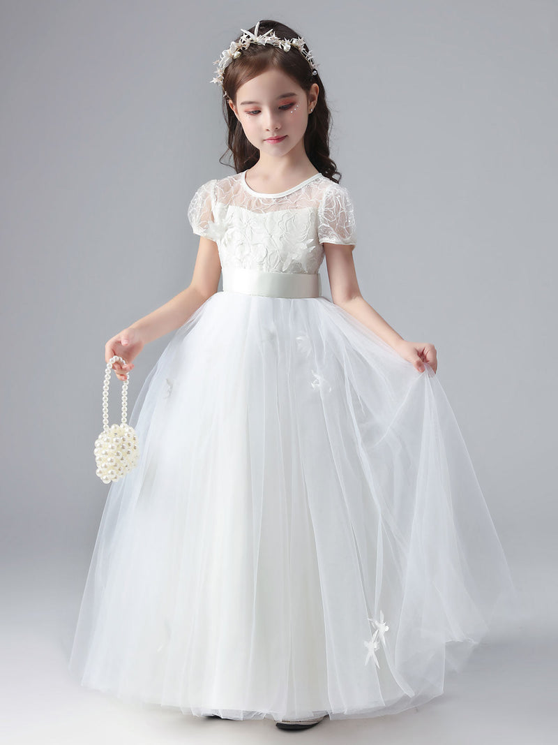 White Jewel Neck Short Sleeves Flowers Embellishment Tulle Lace Kids Social Party Dresses-showprettydress