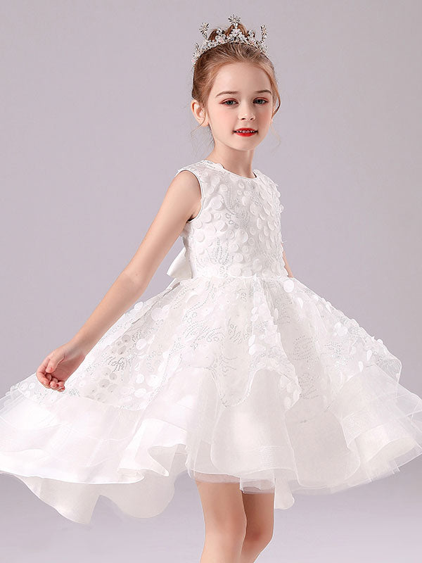 White Jewel Neck Sleeveless Bows Formal Kids Pageant flower girl dresses-showprettydress
