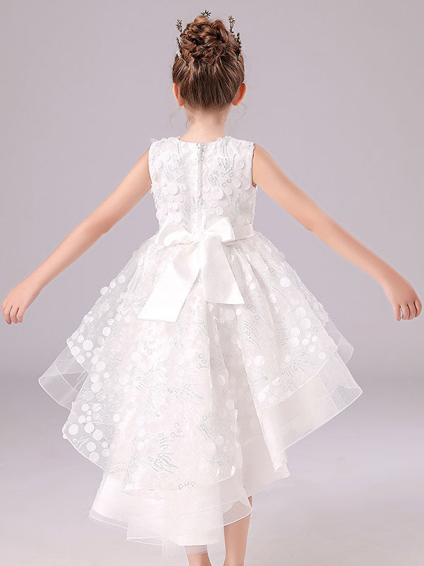White Jewel Neck Sleeveless Bows Formal Kids Pageant flower girl dresses-showprettydress
