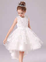 White Jewel Neck Sleeveless Bows Formal Kids Pageant flower girl dresses-showprettydress