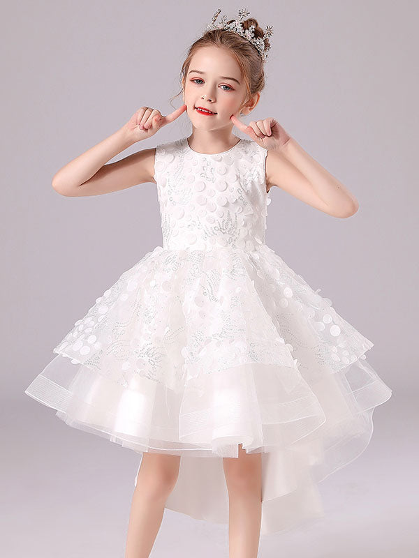 White Jewel Neck Sleeveless Bows Formal Kids Pageant flower girl dresses-showprettydress