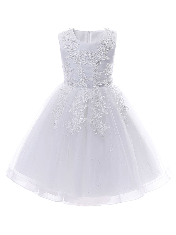 White Jewel Neck Sleeveless Bows Kids Party Dresses Short Princess Dress-showprettydress