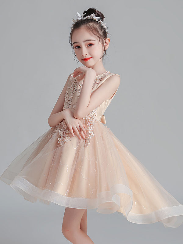 White Jewel Neck Sleeveless Bows Kids Party Dresses Short Princess Dress-showprettydress