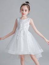 White Jewel Neck Sleeveless Bows Kids Party Dresses Short Princess Dress-showprettydress