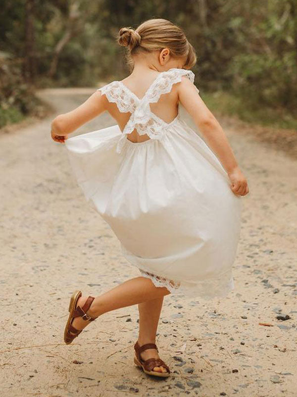 White Jewel Neck Sleeveless Lace Kids Social Party Dresses-showprettydress