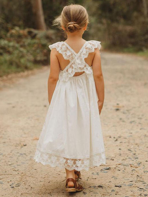 White Jewel Neck Sleeveless Lace Kids Social Party Dresses-showprettydress