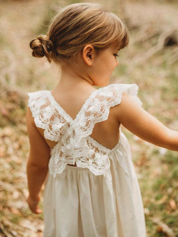 White Jewel Neck Sleeveless Lace Kids Social Party Dresses-showprettydress