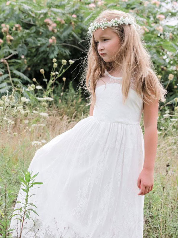 White Jewel Neck Sleeveless Sash Lace Formal Kids Pageant flower girl dresses-showprettydress