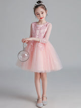 White Jewel Neck Sleeves Tulle Polyester Cotton Lace Embroidered Kids Party Dresses-showprettydress