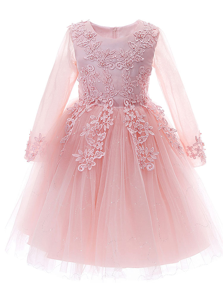 White Jewel Neck Sleeves Tulle Polyester Cotton Lace Embroidered Kids Party Dresses-showprettydress
