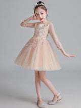 White Jewel Neck Sleeves Tulle Polyester Cotton Lace Embroidered Kids Party Dresses-showprettydress