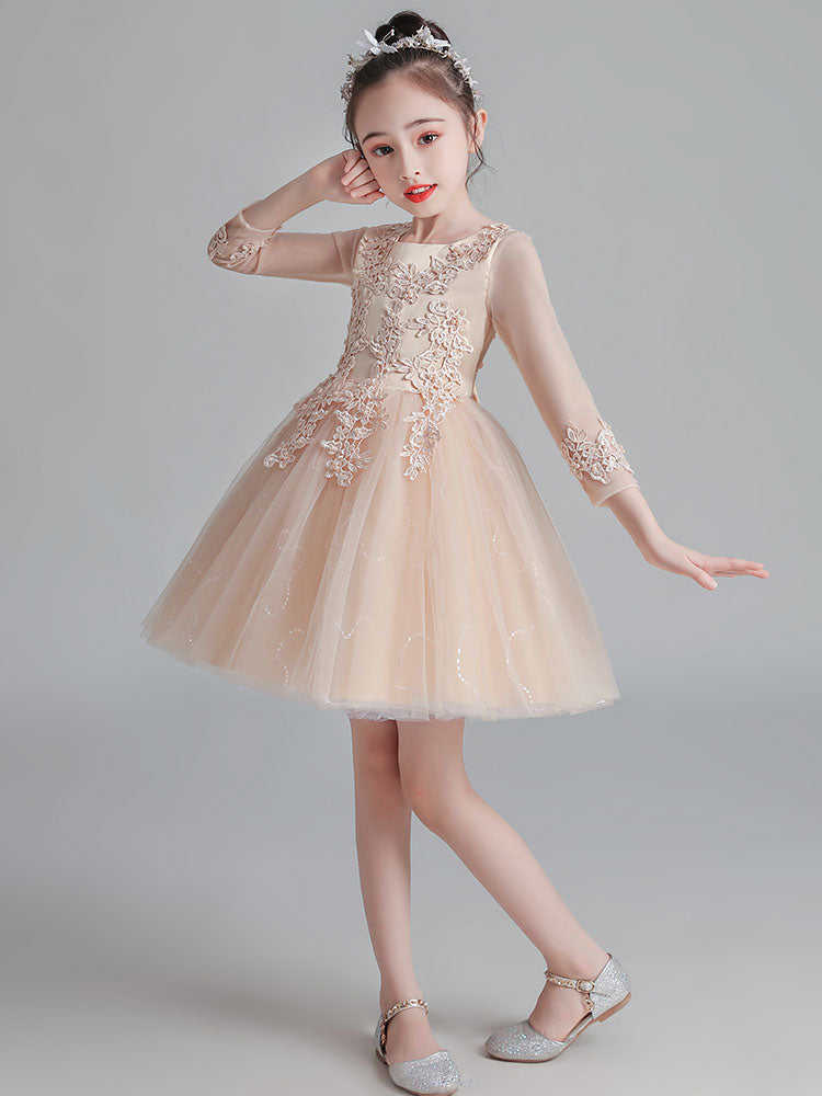 White Jewel Neck Sleeves Tulle Polyester Cotton Lace Embroidered Kids Party Dresses-showprettydress