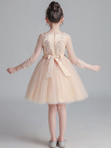 White Jewel Neck Sleeves Tulle Polyester Cotton Lace Embroidered Kids Party Dresses-showprettydress