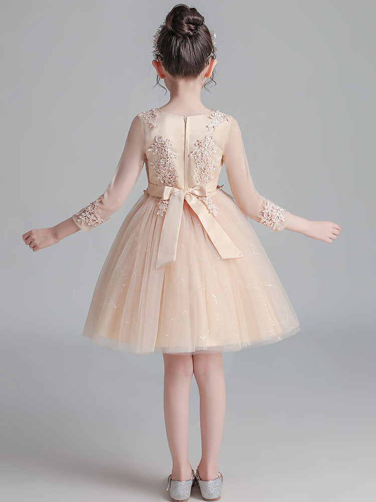 White Jewel Neck Sleeves Tulle Polyester Cotton Lace Embroidered Kids Party Dresses-showprettydress