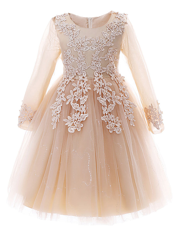 White Jewel Neck Sleeves Tulle Polyester Cotton Lace Embroidered Kids Party Dresses-showprettydress