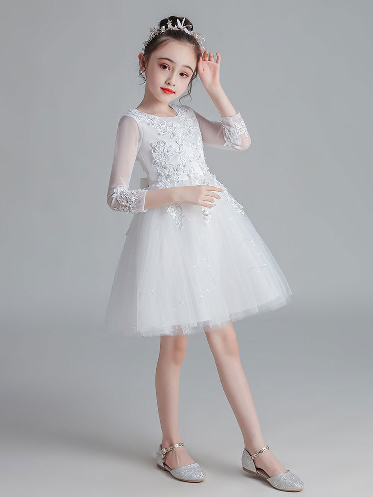 White Jewel Neck Sleeves Tulle Polyester Cotton Lace Embroidered Kids ...