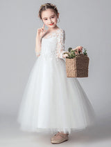White Jewel Neck Tulle Ankle-Length Princess Dress Cut Out Formal flower girl dresses-showprettydress