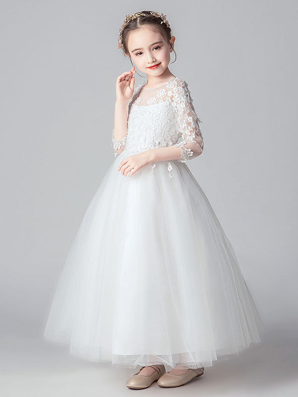 White Jewel Neck Tulle Ankle-Length Princess Dress Cut Out Formal flower girl dresses-showprettydress
