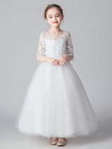 White Jewel Neck Tulle Ankle-Length Princess Dress Cut Out Formal flower girl dresses-showprettydress