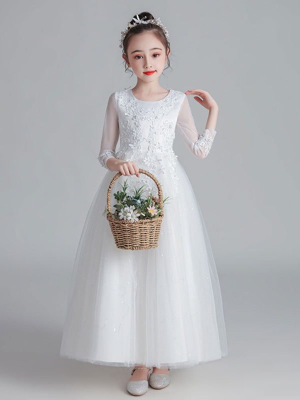 White Jewel Neck Tulle Polyester Lace Embroidered Formal Kids Pageant flower girl dresses-showprettydress