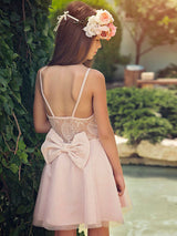 White Jewel Neck Tulle Sleeveless Short A-Line Bows Kids Party Dresses-showprettydress