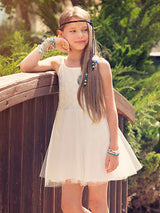 White Jewel Neck Tulle Sleeveless Short A-Line Bows Kids Party Dresses-showprettydress