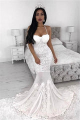White Lace Appliques Spaghetti Strap Wedding Dress New Arrival Bridal Gown-showprettydress