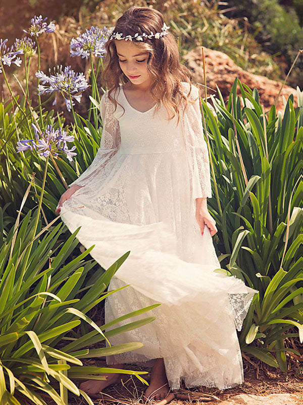 White Lace Flare Sleeve Sash A-line V Neck Ankle Length Boho flower girl dress-showprettydress