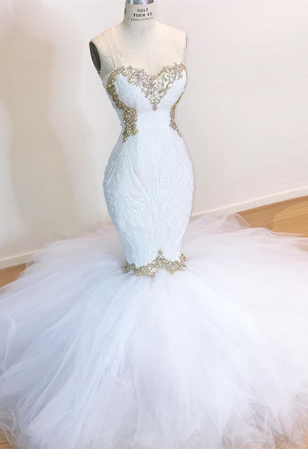 White Lace Mermaid Sweetheart Simple Wedding Dresses for Sale-showprettydress