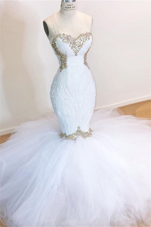 White Lace Mermaid Sweetheart Simple Wedding Dresses for Sale-showprettydress
