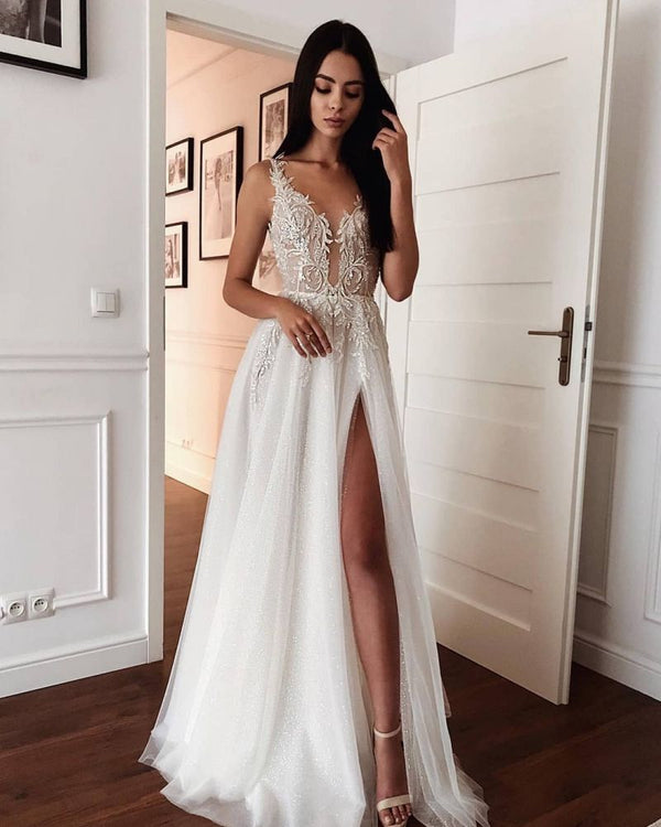 White Lace V neck Modern high split Sleeveless Summer Wedding Dress-showprettydress
