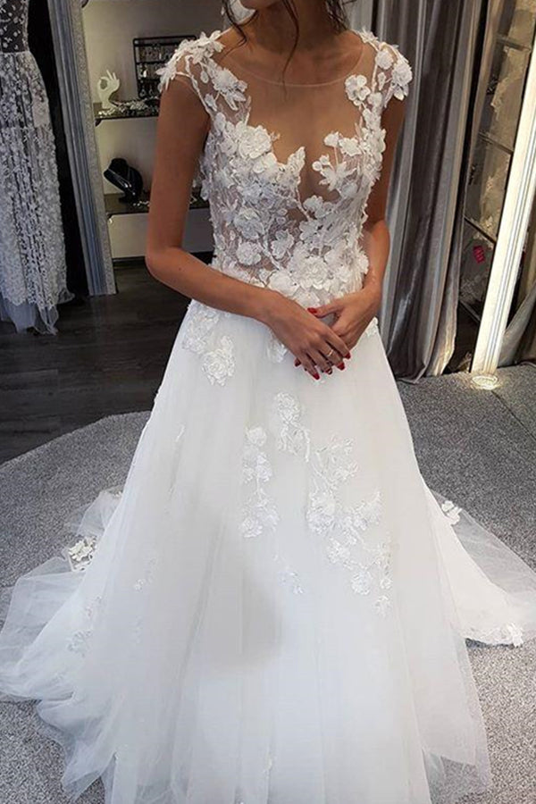 White Long A-line Tulle Lace Appiliques Wedding Dresses-showprettydress