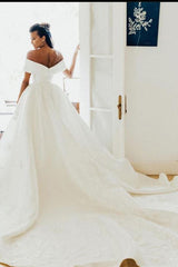 White Long Ball Gown Off The Shoulder Satin Wedding Dress-showprettydress