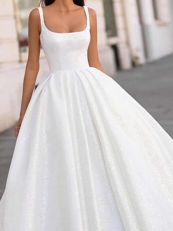 White Long Ball Gown Scoop Neck Court Train Satin Wedding Dresses-showprettydress