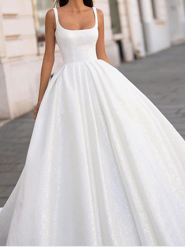 White Long Ball Gown Scoop Neck Court Train Satin Wedding Dresses-showprettydress