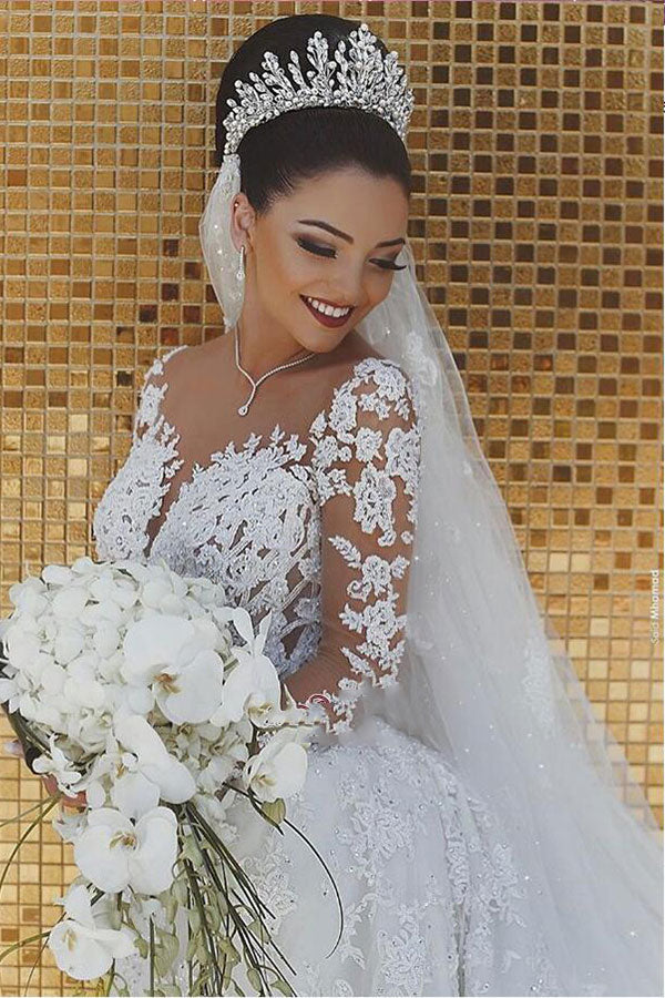 White Long Mermaid Lace Wedding Dresses with Sleeves-showprettydress